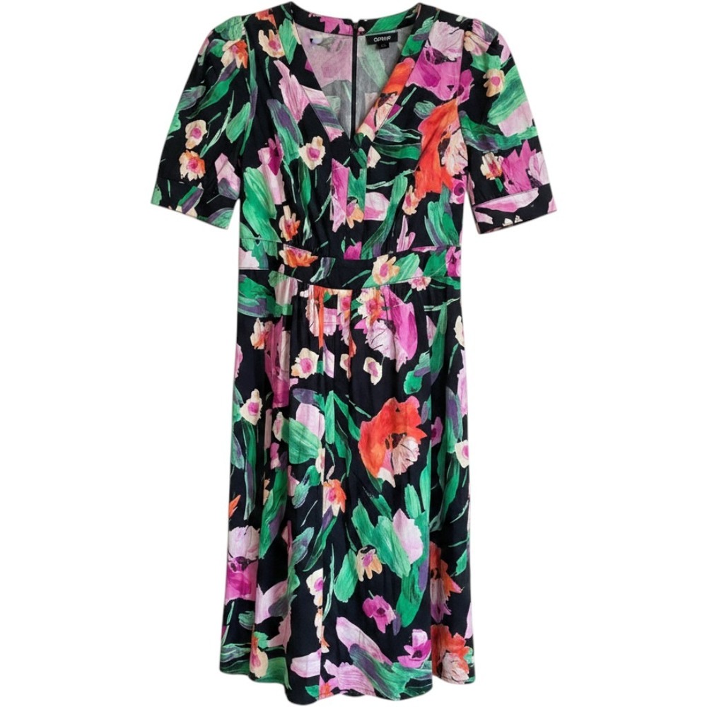 NEW‎ DKNY Floral Midi Dress Womens 8 Navy Pink NWT Abstract V-Neck Pleated
